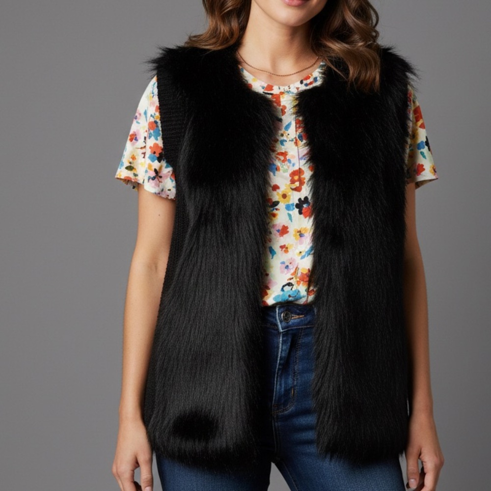 SEBBY COLLECTION Black Faux Fur & Knit Sweater Vest Size XL